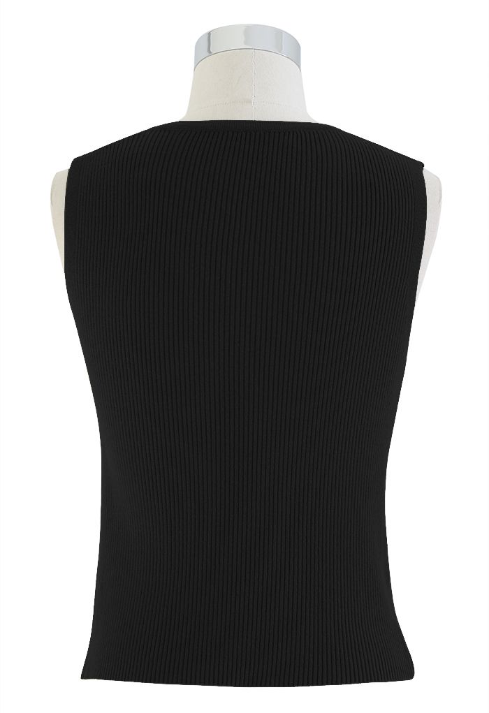 Oblique V-Neck Knit Tank Top in Black