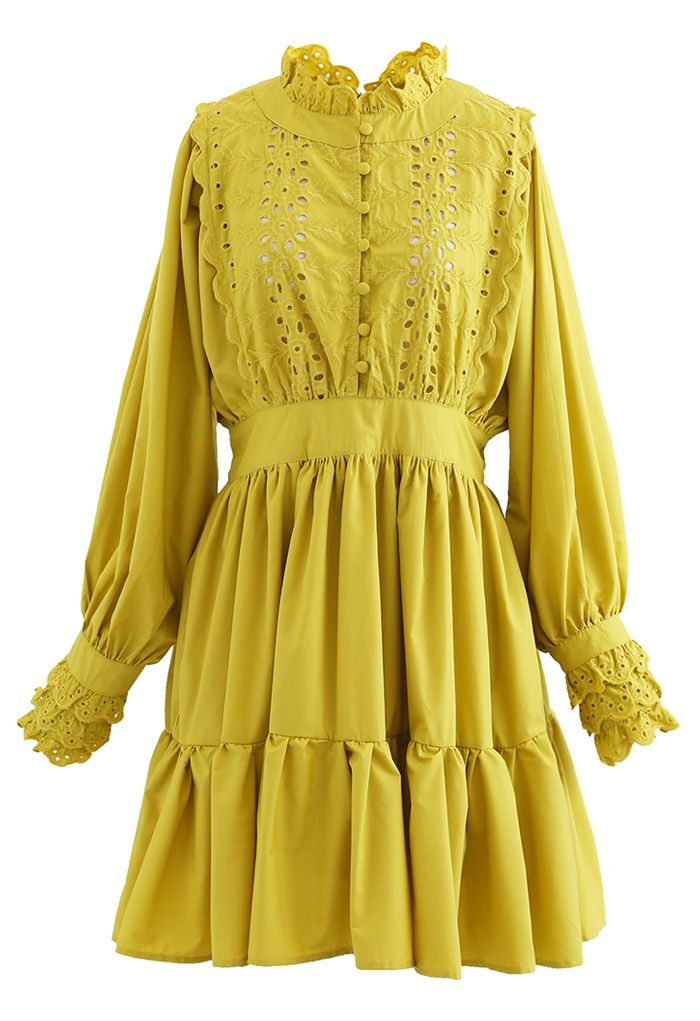 Embroidered Floral Eyelet Frilling Dress in Mustard