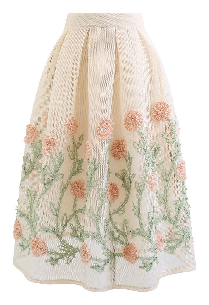 3D Flower Vine Airy Honeycomb Pleated Skirt in Cream