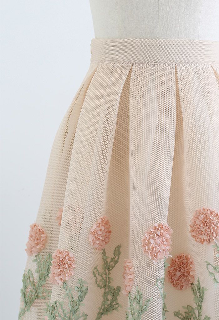 3D Flower Vine Airy Honeycomb Pleated Skirt in Cream