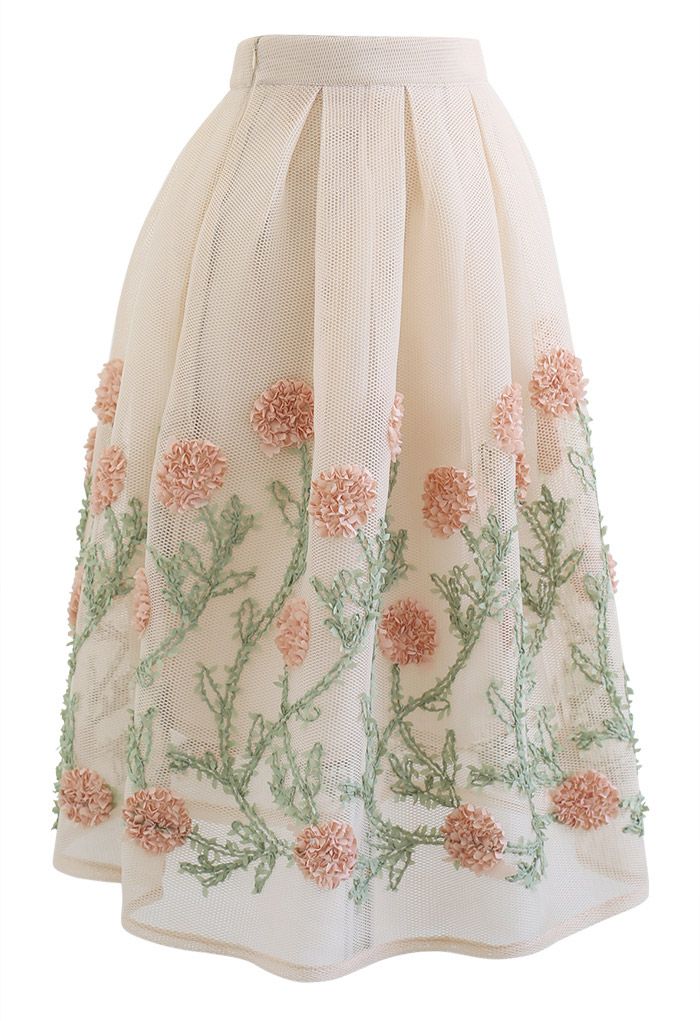 3D Flower Vine Airy Honeycomb Pleated Skirt in Cream