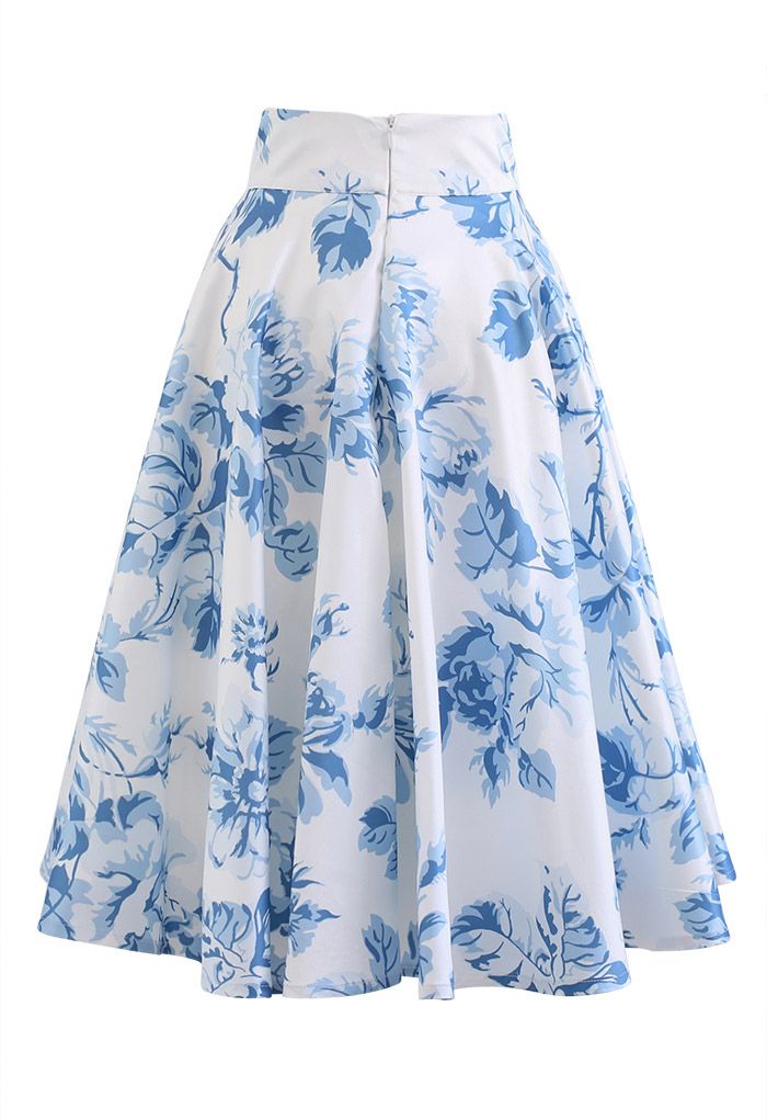 Blue Watercolor Peony Flare Midi Skirt