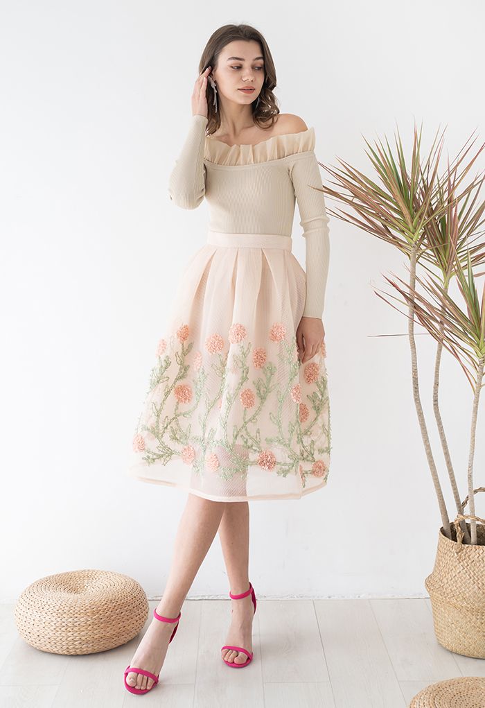 3D Flower Vine Airy Honeycomb Pleated Skirt in Cream