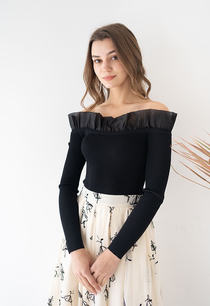 CONTRAST KNIT TOP WITH RUFFLED SLEEVES - Black