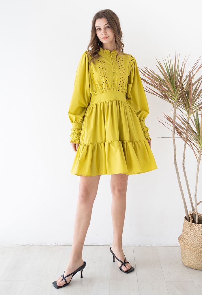 Embroidered Floral Eyelet Frilling Dress in Mustard