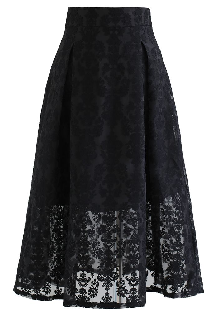 Floral Jacquard Organza Pleated Midi Skirt in Black