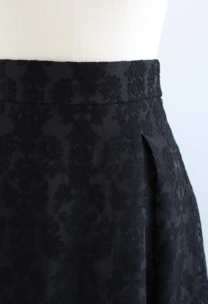 Floral Jacquard Organza Pleated Midi Skirt in Black