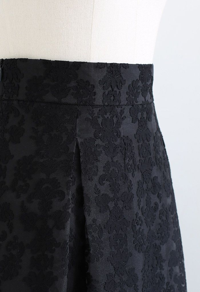 Floral Jacquard Organza Pleated Midi Skirt in Black