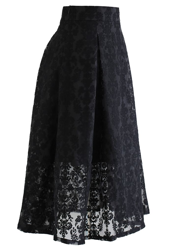 Floral Jacquard Organza Pleated Midi Skirt in Black