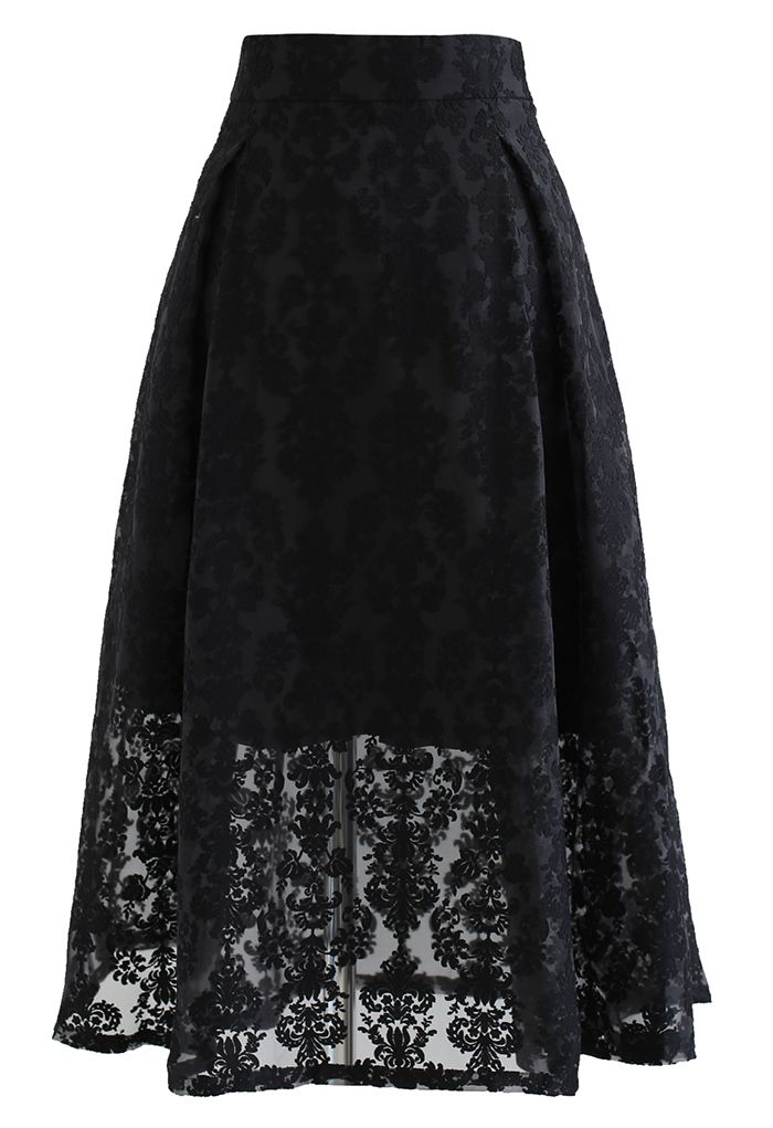 Floral Jacquard Organza Pleated Midi Skirt in Black