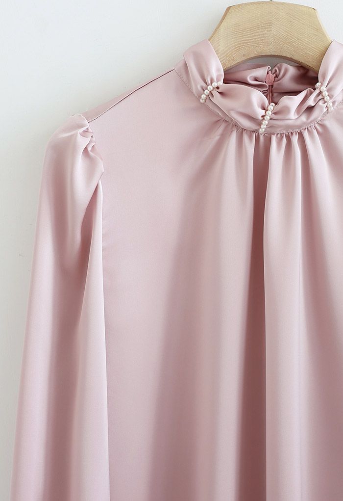 Bead Decor Ruched Mock Neck Satin Shirt in Pink