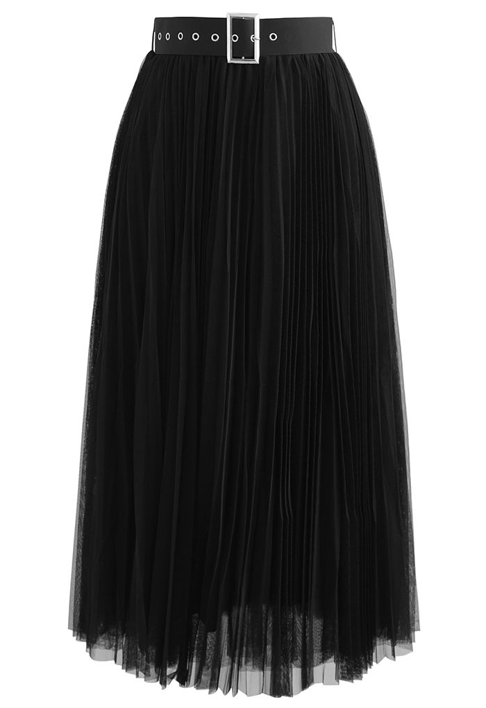 Full Pleated Double-Layered Mesh Midi Skirt in Black - Retro, Indie and ...