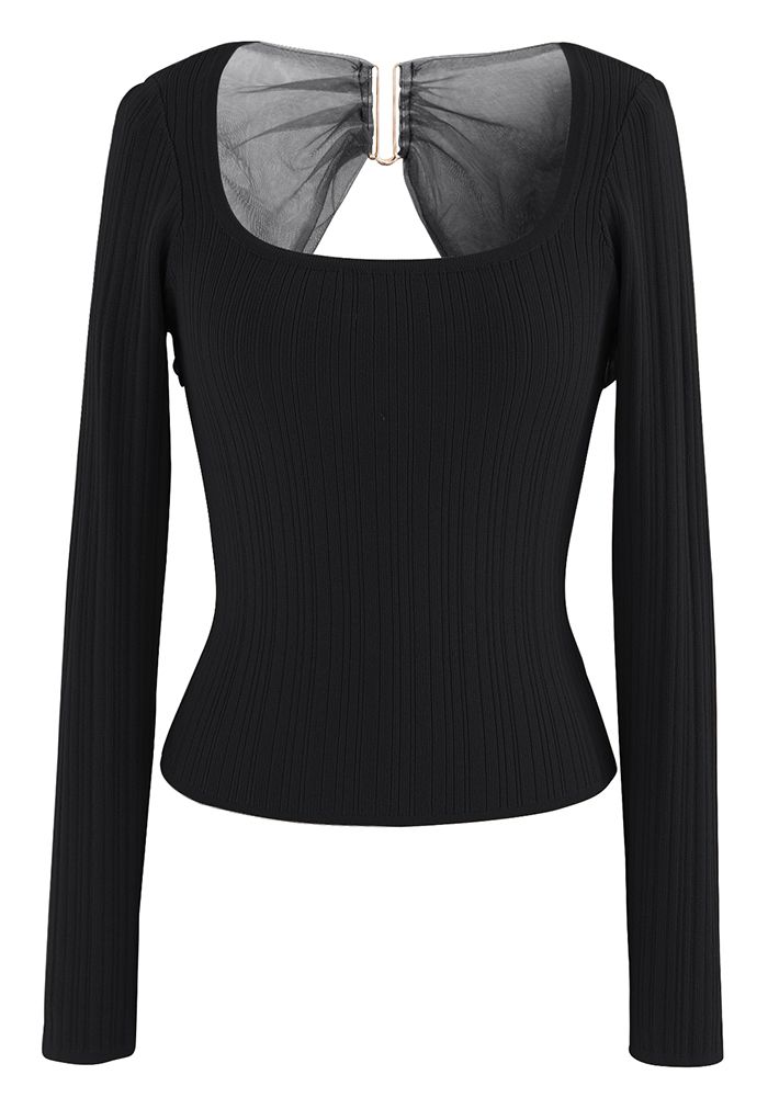 Golden Hook Mesh Spliced Knit Top in Black