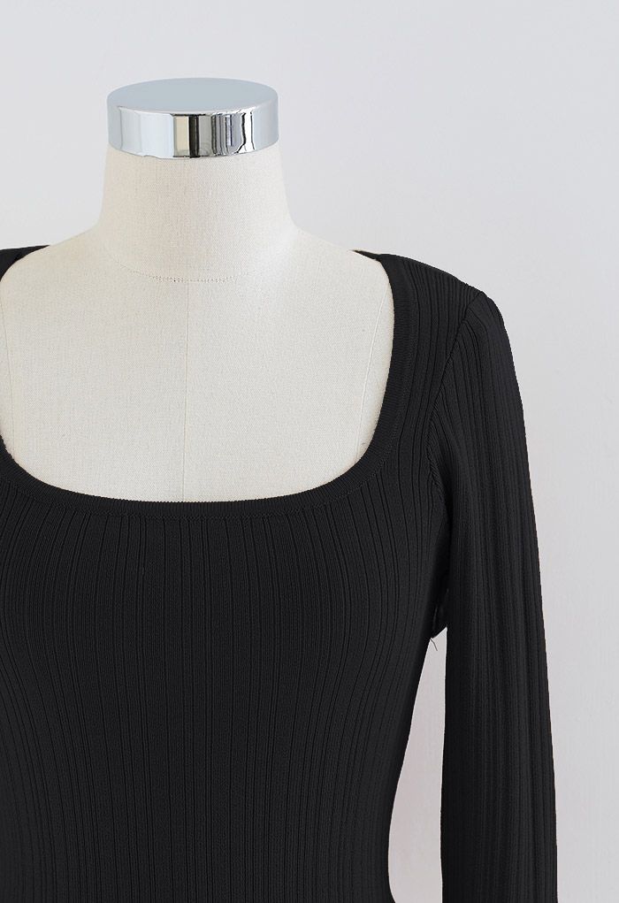 Golden Hook Mesh Spliced Knit Top in Black