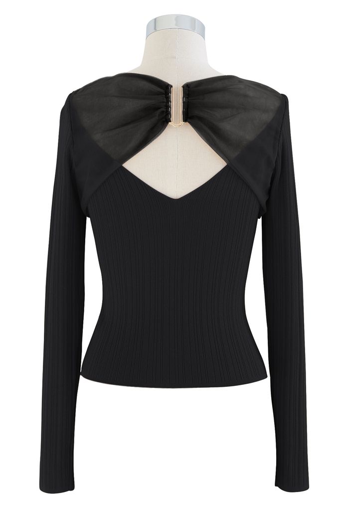 Golden Hook Mesh Spliced Knit Top in Black