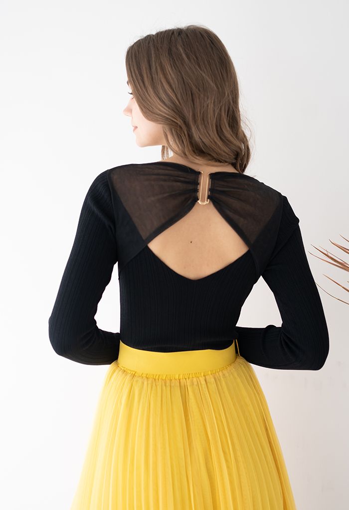 Golden Hook Mesh Spliced Knit Top in Black