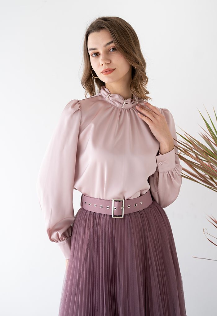 Bead Decor Ruched Mock Neck Satin Shirt in Pink