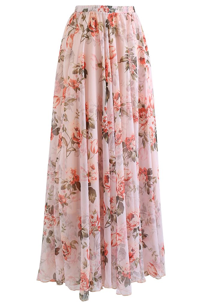 Swirl in Peonies Chiffon Maxi Skirt - Retro, Indie and Unique Fashion