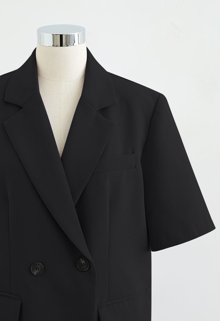 Classy Pad Shoulder Short-Sleeve Blazer in Black