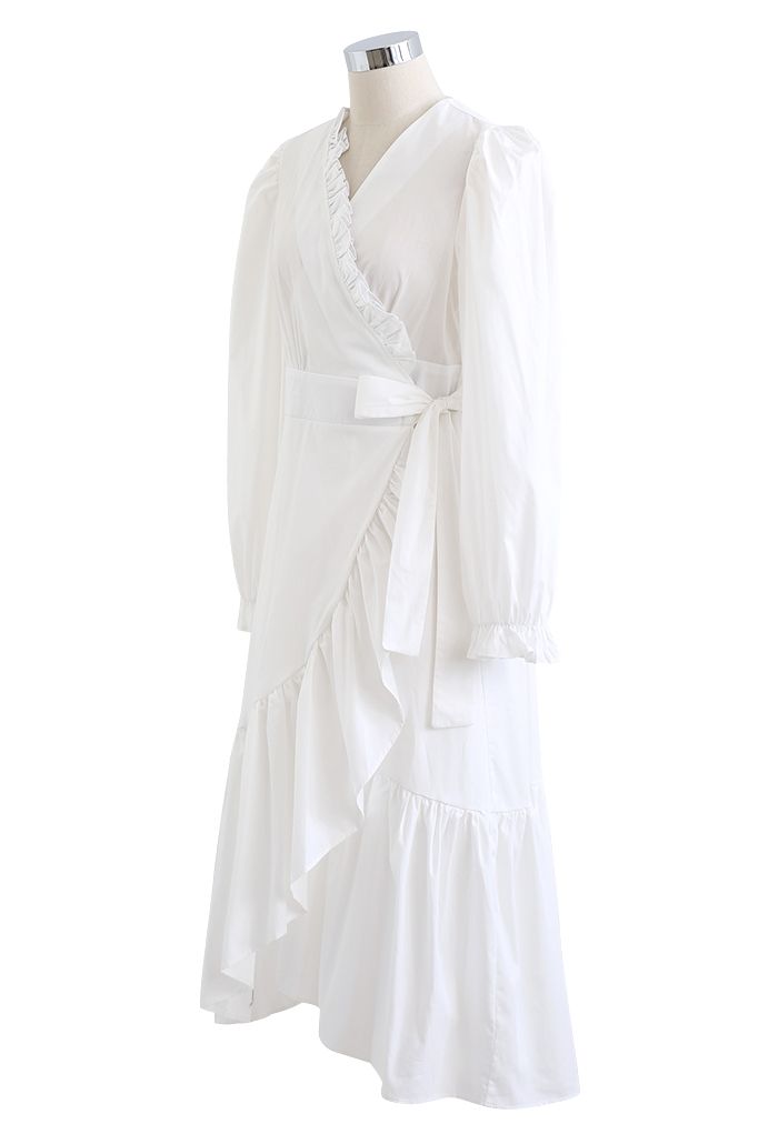 Ruffle Asymmetric Hem Wrapped Cotton Dress in White