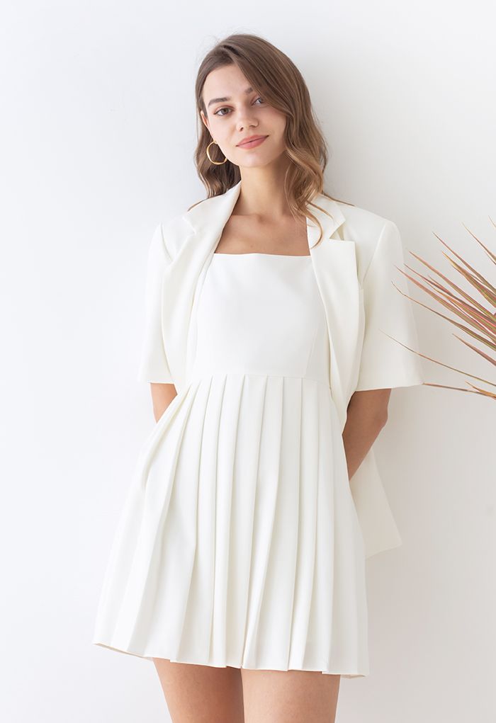 Glossy Pleated Hem Cami Dress in White