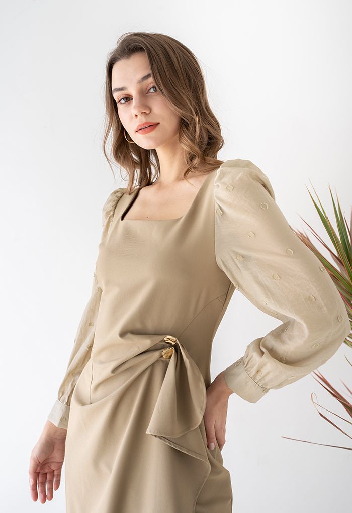 Buttoned Ruched Waist Flap Asymmetric Midi Dress in Camel