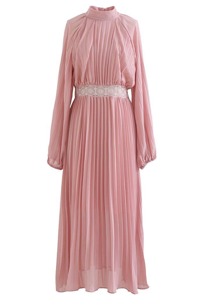 Lacy Waist Full Pleated Maxi Dress in Pink