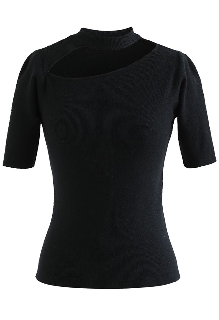 Cutout Halter Neck Short-Sleeve Knit Top in Black