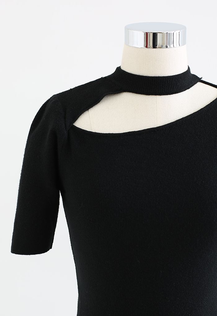 Cutout Halter Neck Short-Sleeve Knit Top in Black