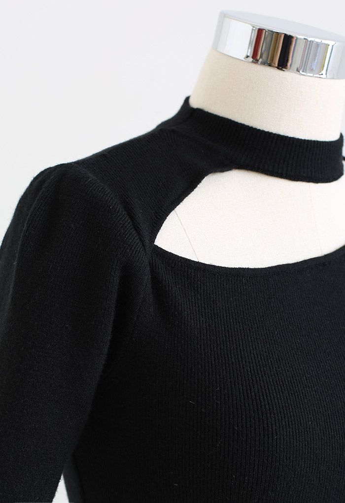 Cutout Halter Neck Short-Sleeve Knit Top in Black