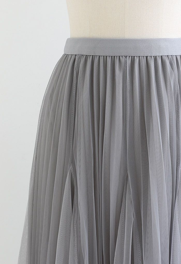 Pleated Panelled Mesh Tulle Maxi Skirt in Grey