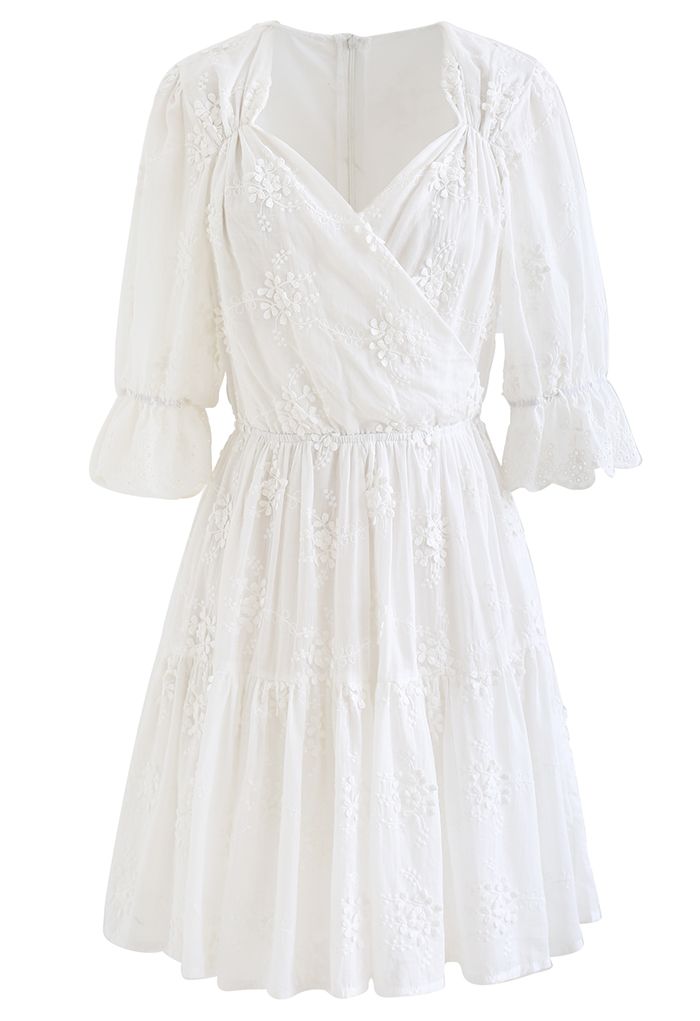 Floret Embroidered Sweetheart Neck Cotton White Dress