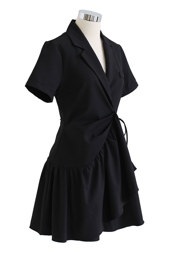 Solid Black Ruffle Asymmetric Wrapped Mini Dress