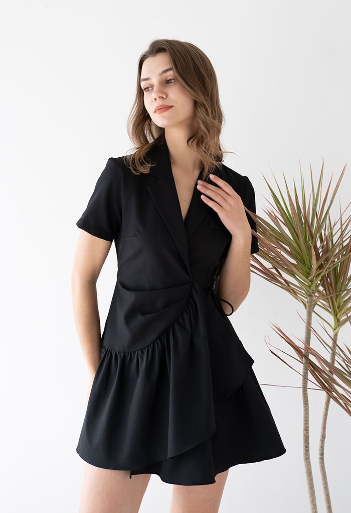 Solid Black Ruffle Asymmetric Wrapped Mini Dress