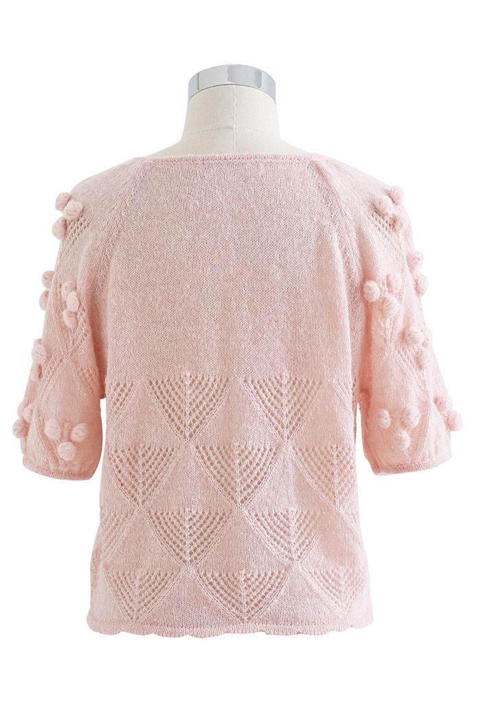Pom-Pom Triangle Fuzzy Knit Top in Pink