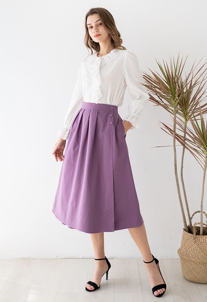 Button Trim Side Pocket Flap Midi Skirt in Purple
