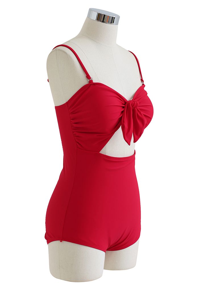 Knotted Front Cutout Red Swimsuit