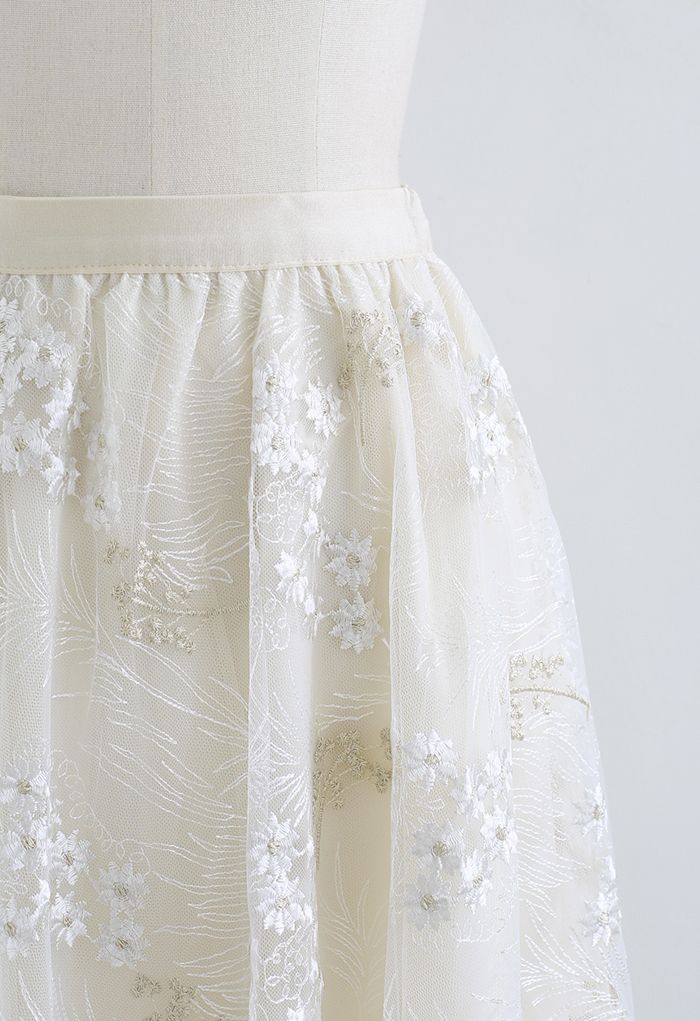Divine Daisy Embroidered Mesh Tulle Skirt in Cream