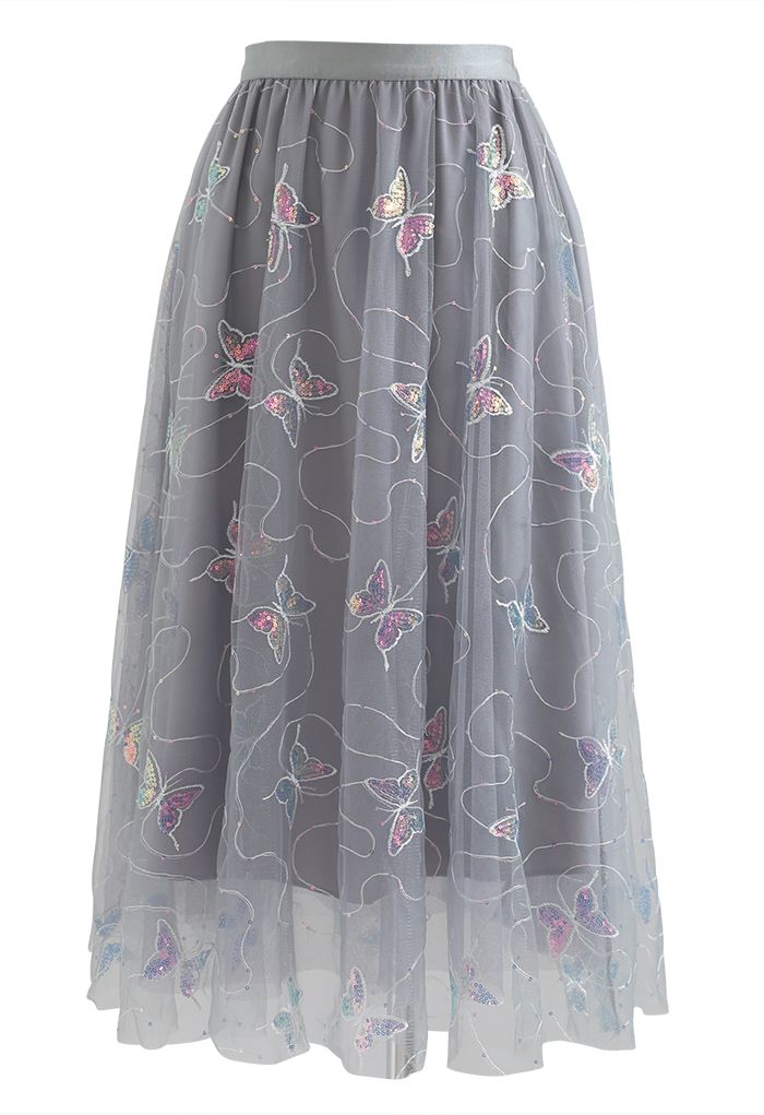 Sequin Butterfly Embroidered Mesh Tulle Skirt in Grey