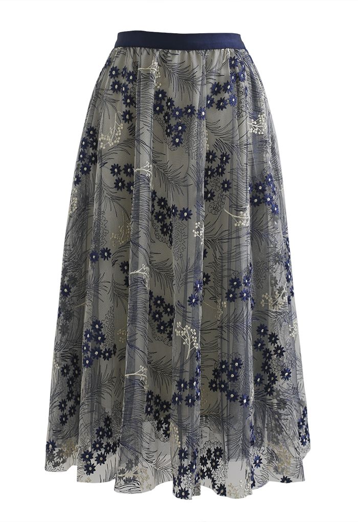 Divine Daisy Embroidered Mesh Tulle Skirt in Navy