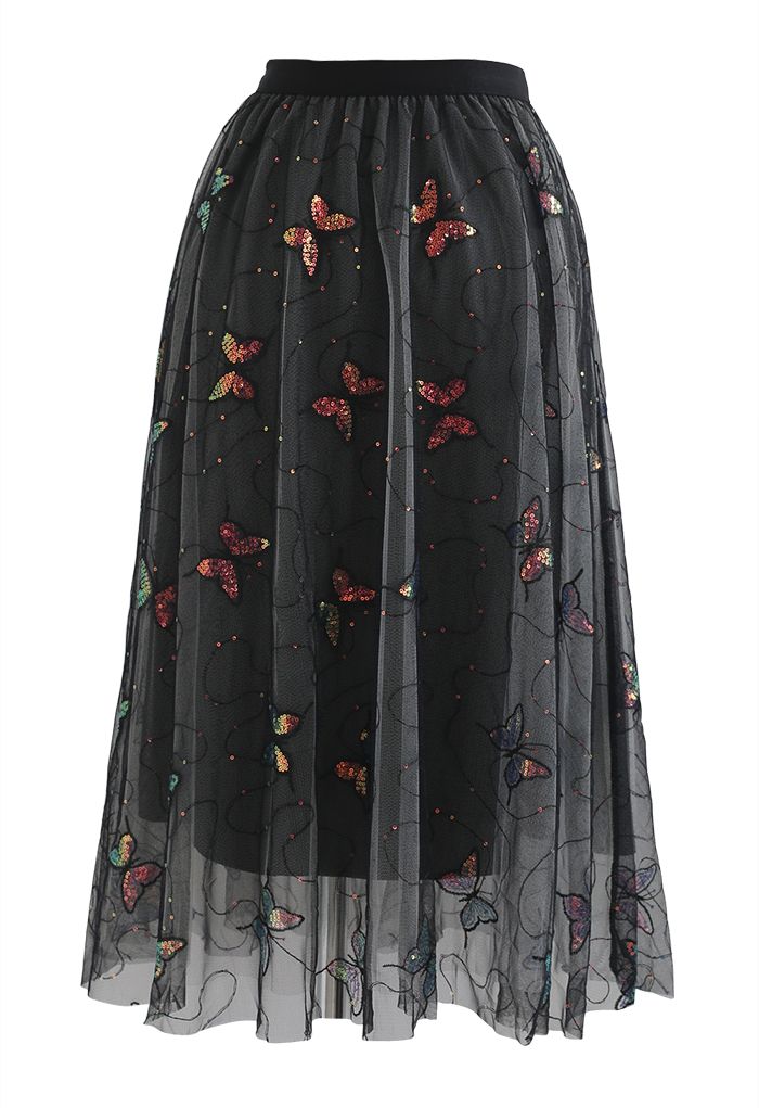 Sequin Butterfly Embroidered Mesh Tulle Skirt in Black