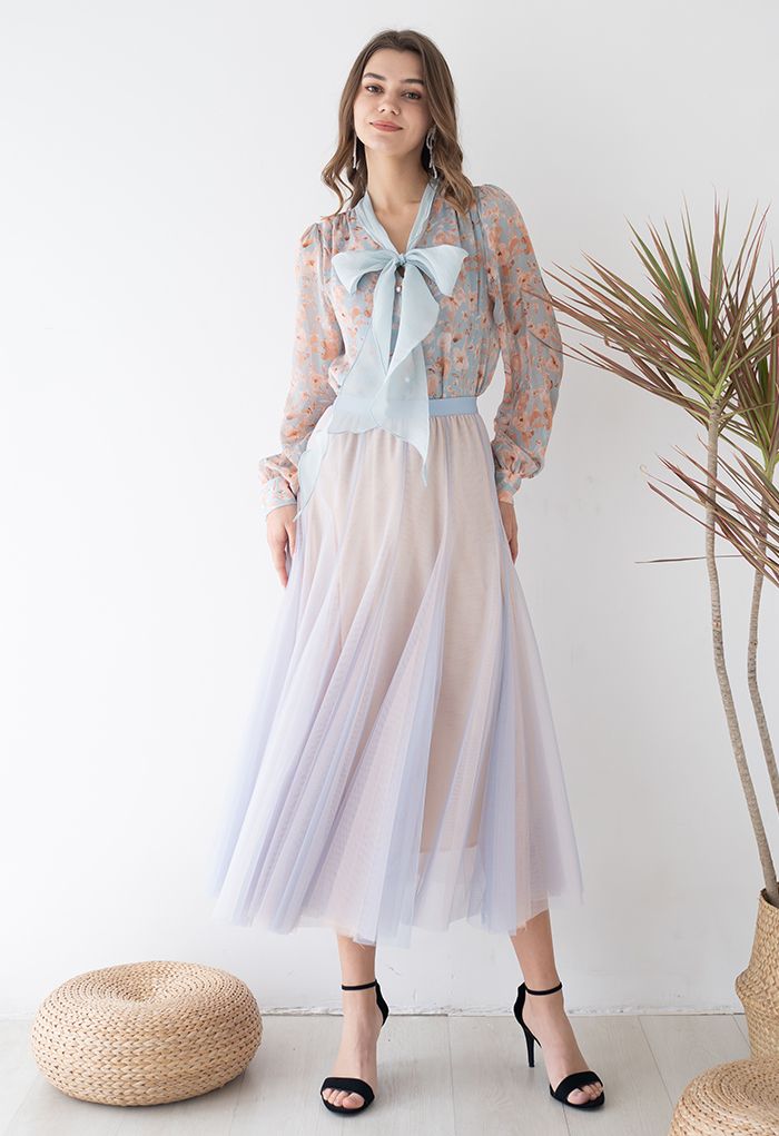 Mixture Color Panelled Tulle Maxi Skirt in Light Blue