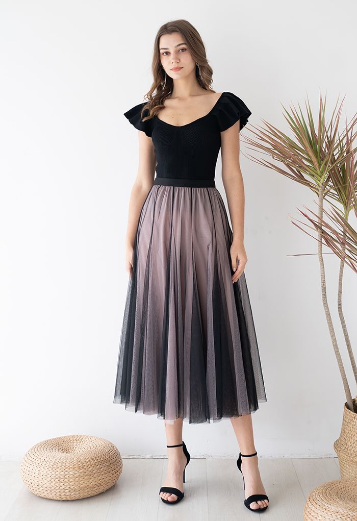 Mixture Color Panelled Tulle Maxi Skirt in Black