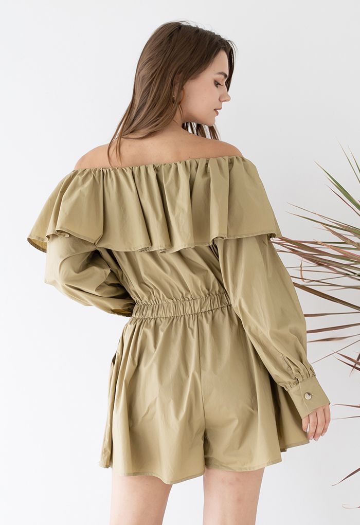 Flapped Off-Shoulder Button Decorated Playsuit in Camel