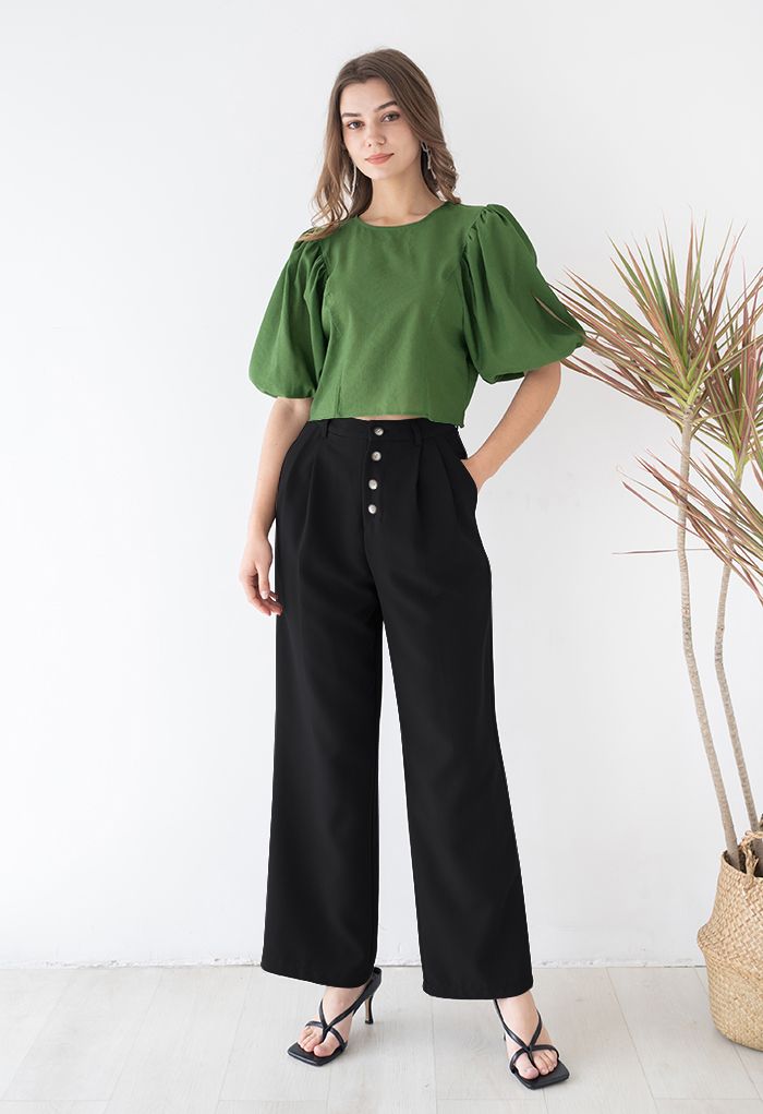 Buttons Closure Straight-Leg Pants in Black