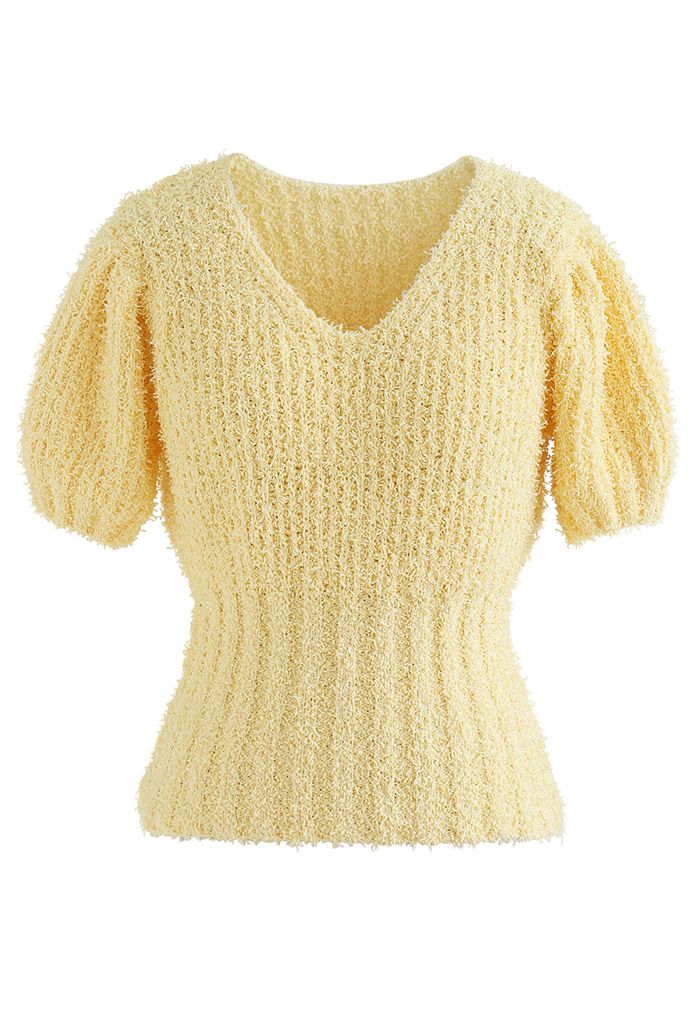 Solid Color Cinched Waist Fitted Top in Yellow