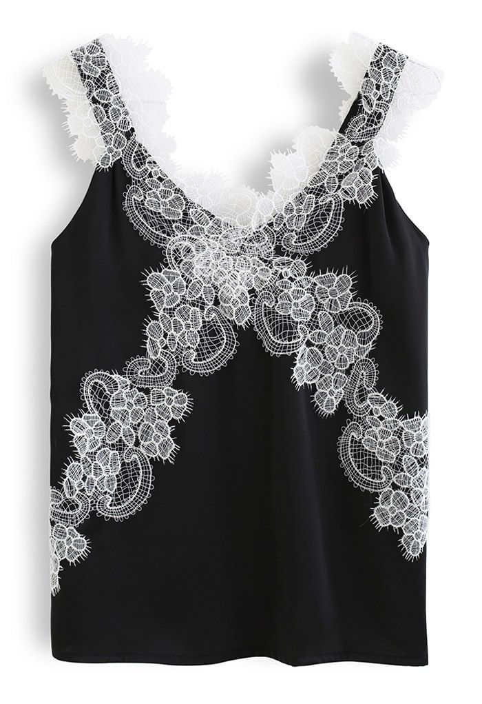 Floral Lace Satin Tank Top in Black