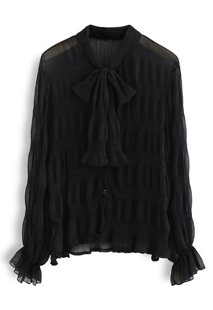 Bowknot Neck Shirred Semi-Sheer Shirt in Black
