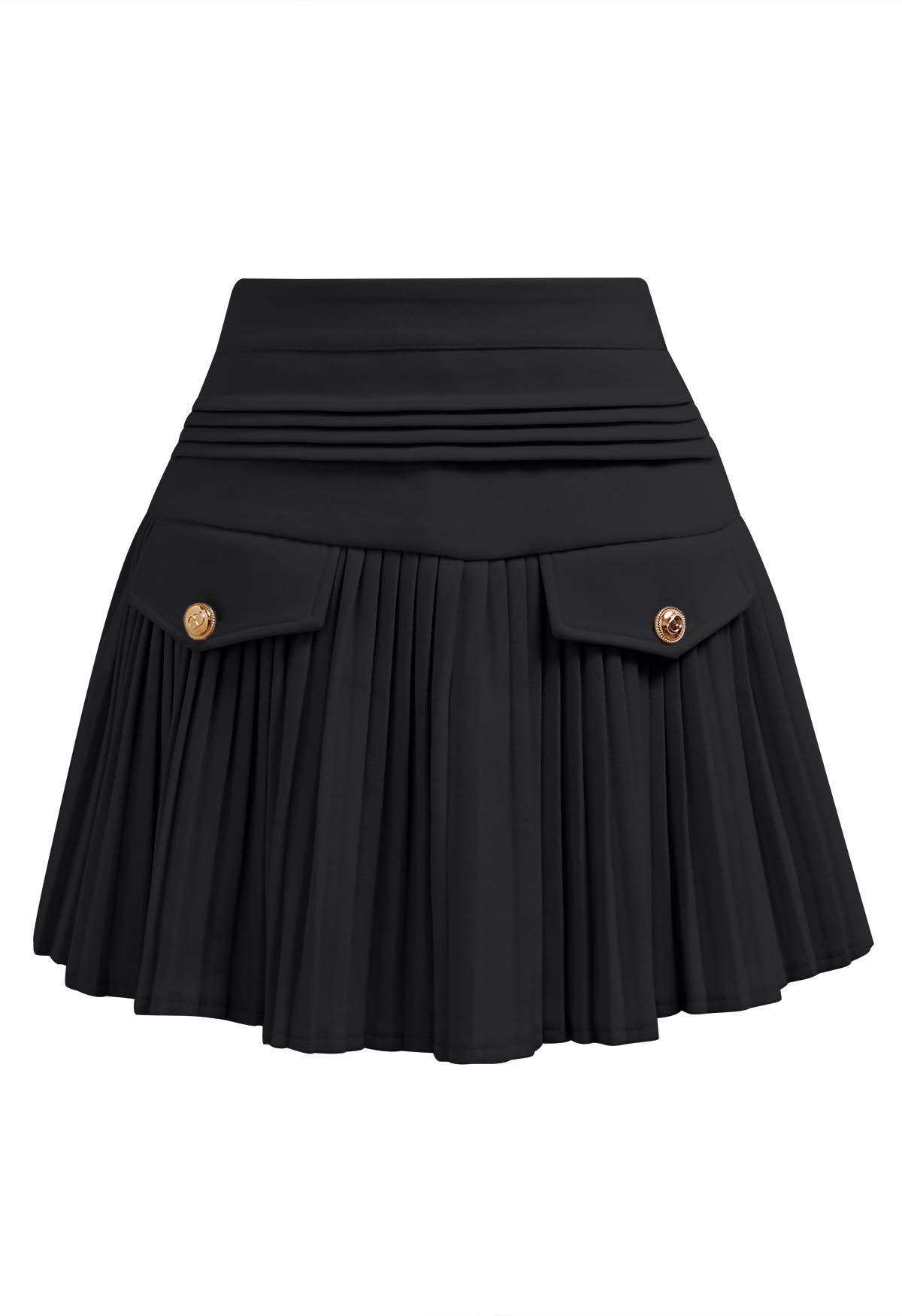 Golden Button Decorated Pleated Mini Skirt in Black