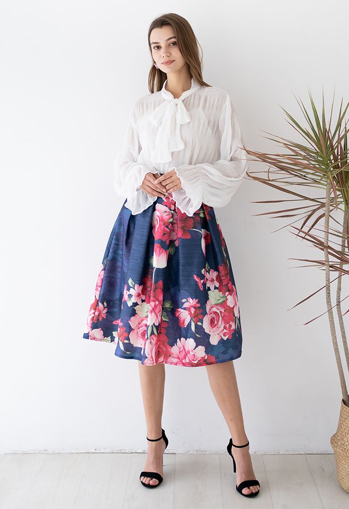 Blushing Peony Pleated Jacquard A-Line Skirt in Navy - Retro, Indie and ...